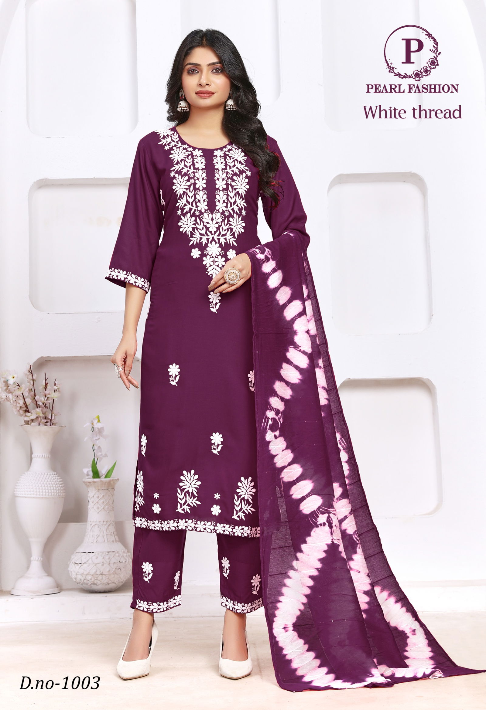 White Thread Pearl Viscose Rayon Designer Kurti With Bottom Dupatta Wholesale Shop In Surat